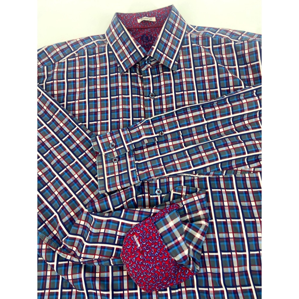 Bugatchi Flip Cuff Shaped Fit Y2K Plaid Button Down Long Sleeve Shirt Size Lrg‎